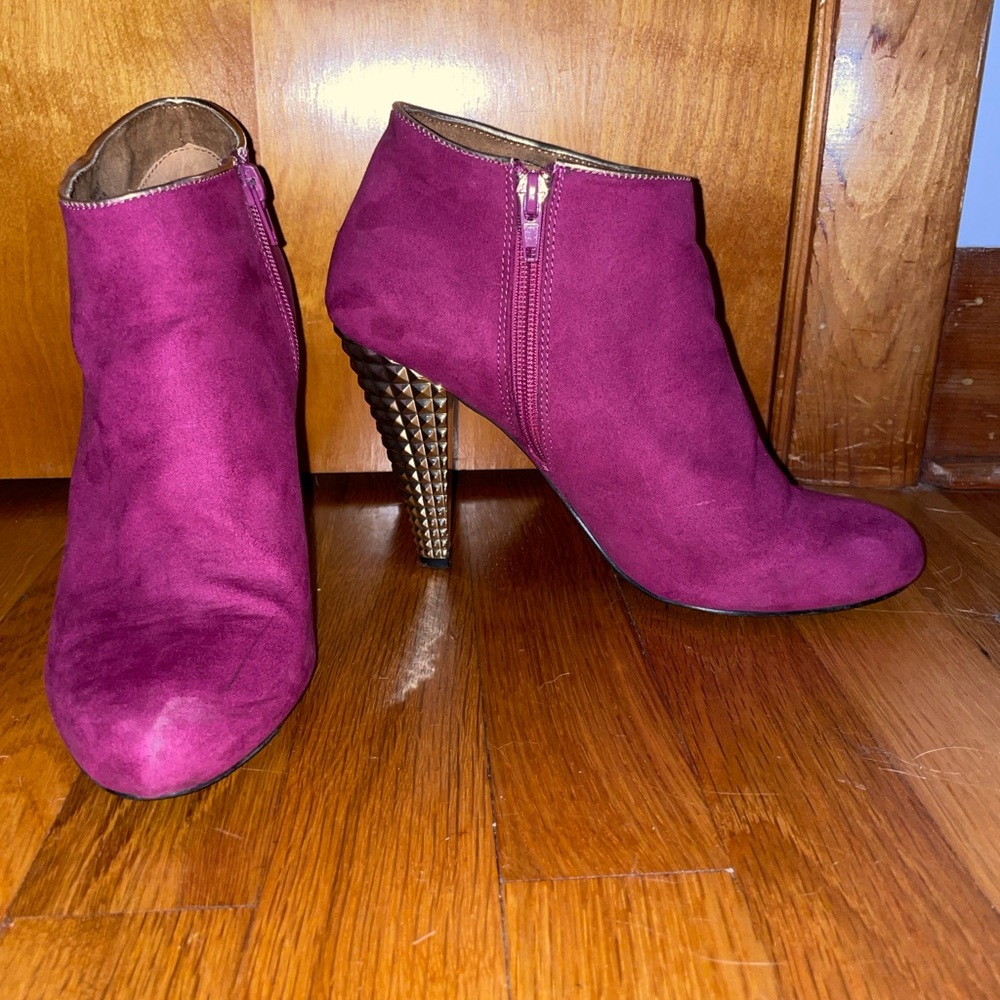 Fuchsia and Ankle Boots with Gold Studded Heels and accents